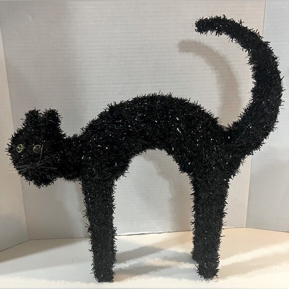 Vintage Halloween Tinsel Wire Standing Black Cat Arched Back Spooky 16” Holiday - Picture 1 of 6